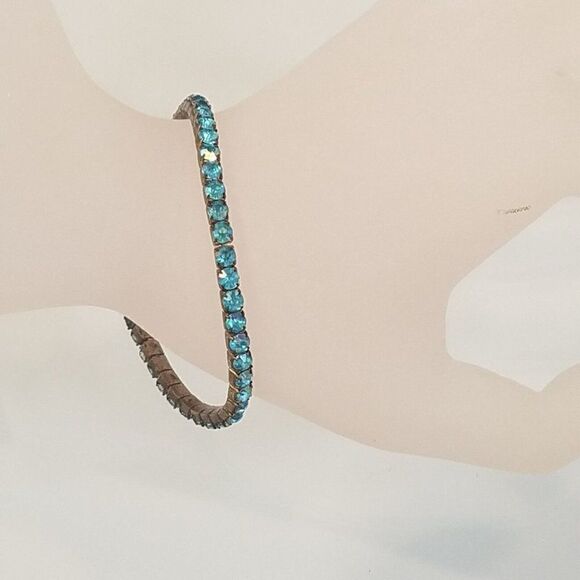 Rhinestone Chain Stretch Bracelet Blue Tennis Vintage - Picture 3 of 9
